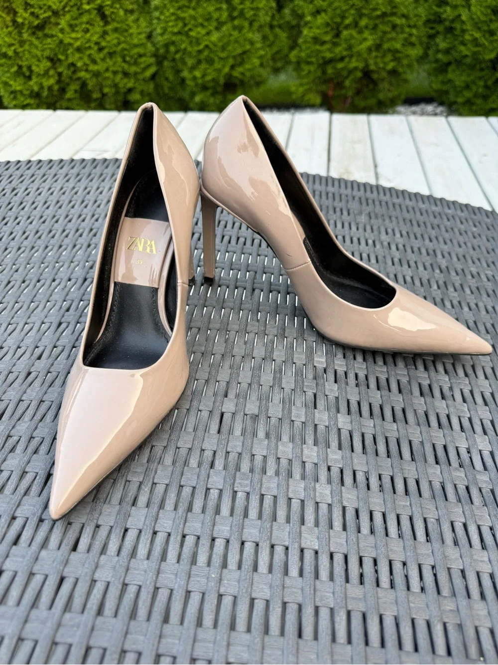 Zara Patent Pointed Toe Pumps - Taupe
